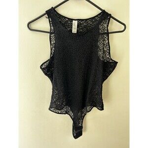 Victoria’s Secret Black Lace Mesh Thong Bodysuit Teddy High Neck size small Vtg